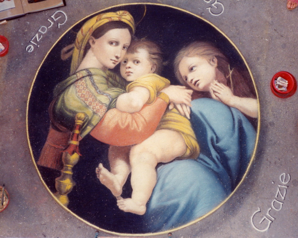 Wenner after Raphael. Madonna della Seggiola. Catania Sicily. This famous work was a bread-and-butter image for the madonnaro in southern Italy.